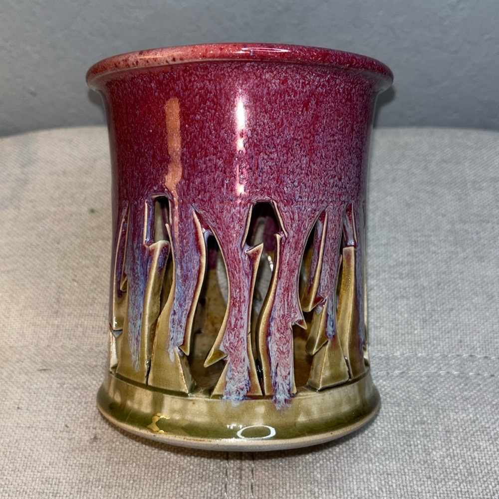Art Pottery Candle Holder Cut Out Luminary Signed